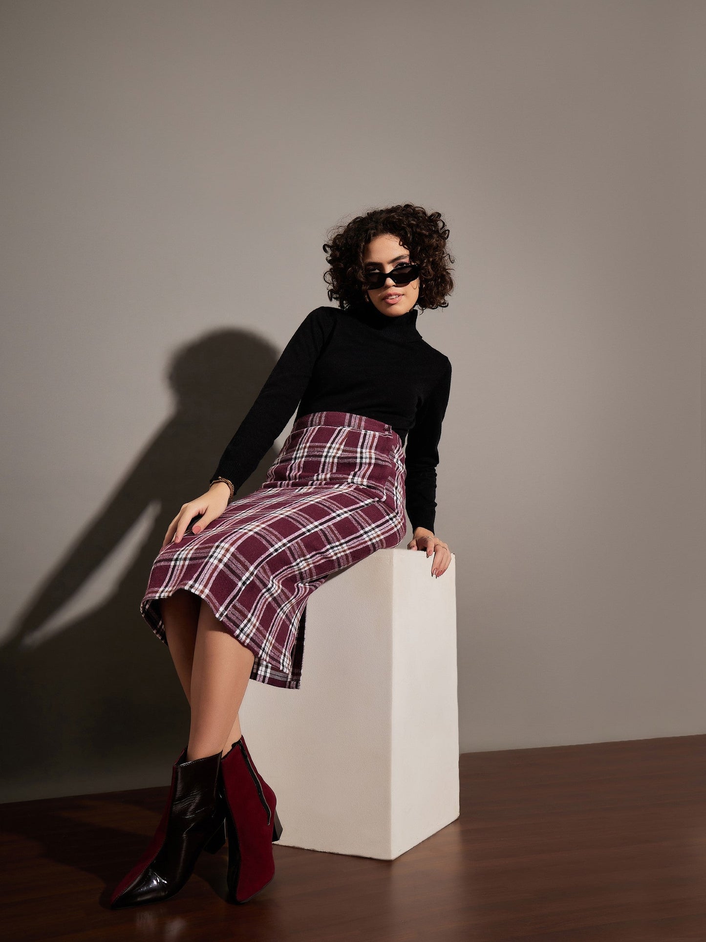 Maroon Yarndyed Check Pencil Skirt