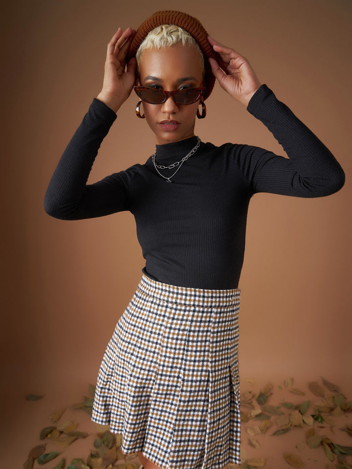 Women Brown Flannel Check Pleated Mini Skirt