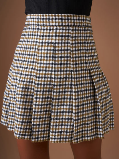 Women Brown Flannel Check Pleated Mini Skirt