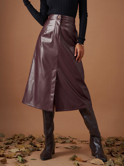 Maroon PU A-Line Below Knee Skirt