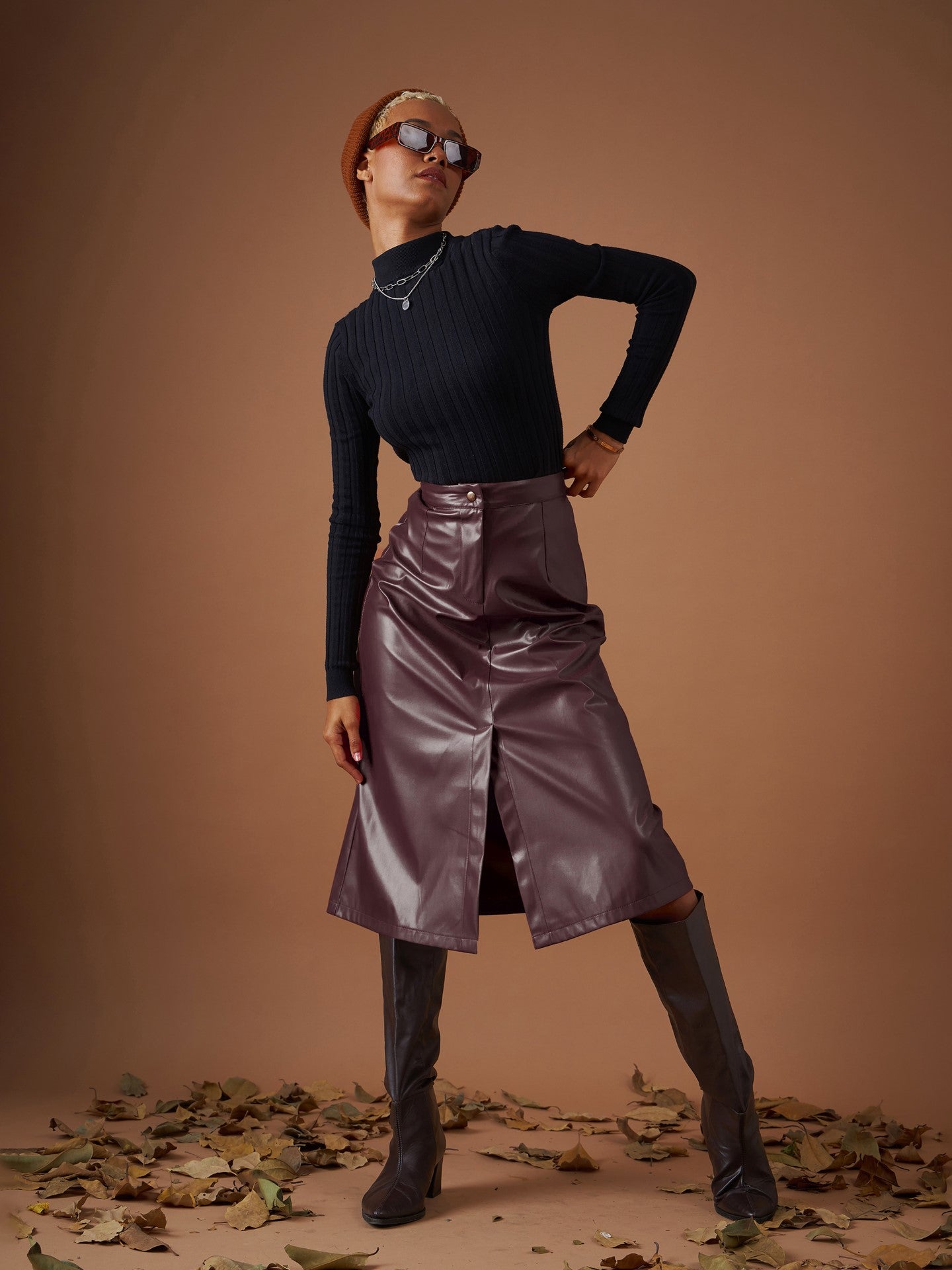 Maroon PU A-Line Below Knee Skirt