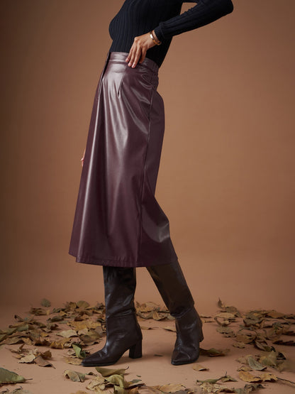 Maroon PU A-Line Below Knee Skirt