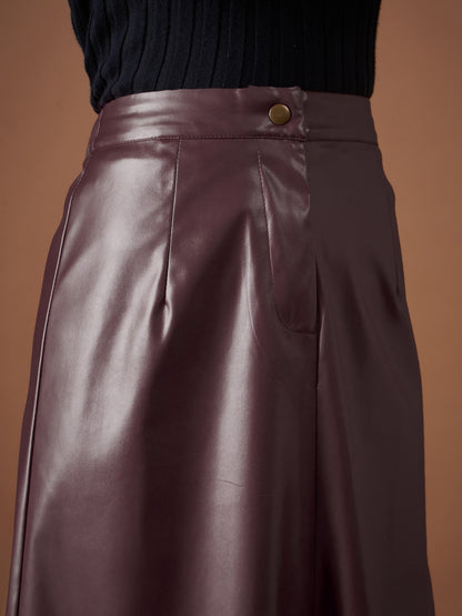 Maroon PU A-Line Below Knee Skirt