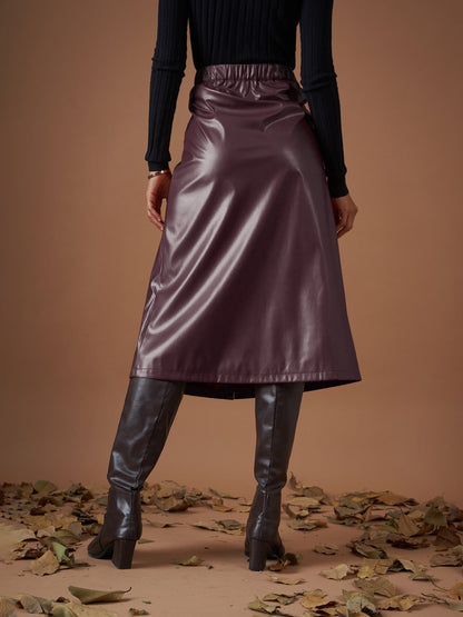 Maroon PU A-Line Below Knee Skirt