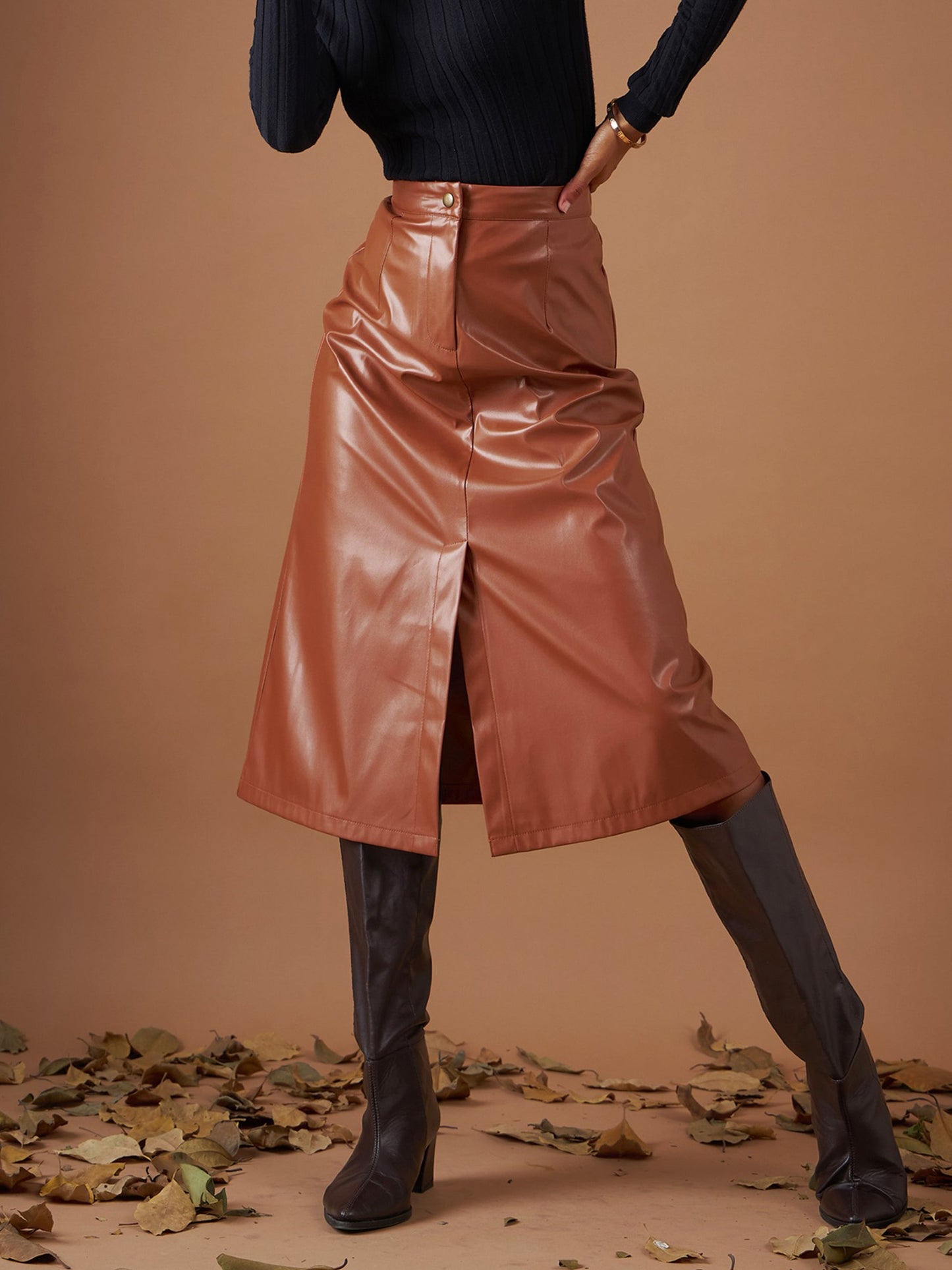 Brown PU A-Line Below Knee Skirt