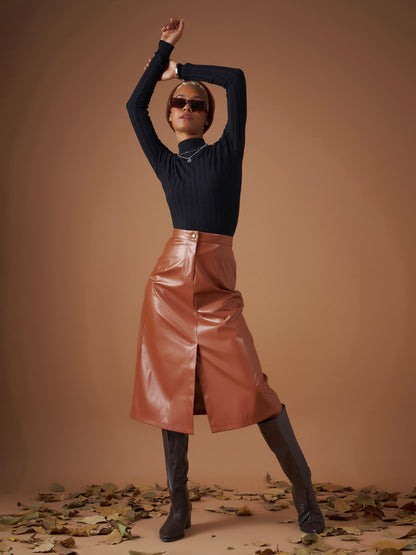 Brown PU A-Line Below Knee Skirt