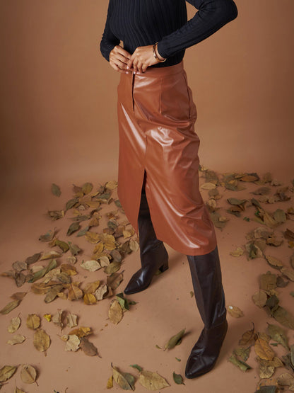 Brown PU A-Line Below Knee Skirt