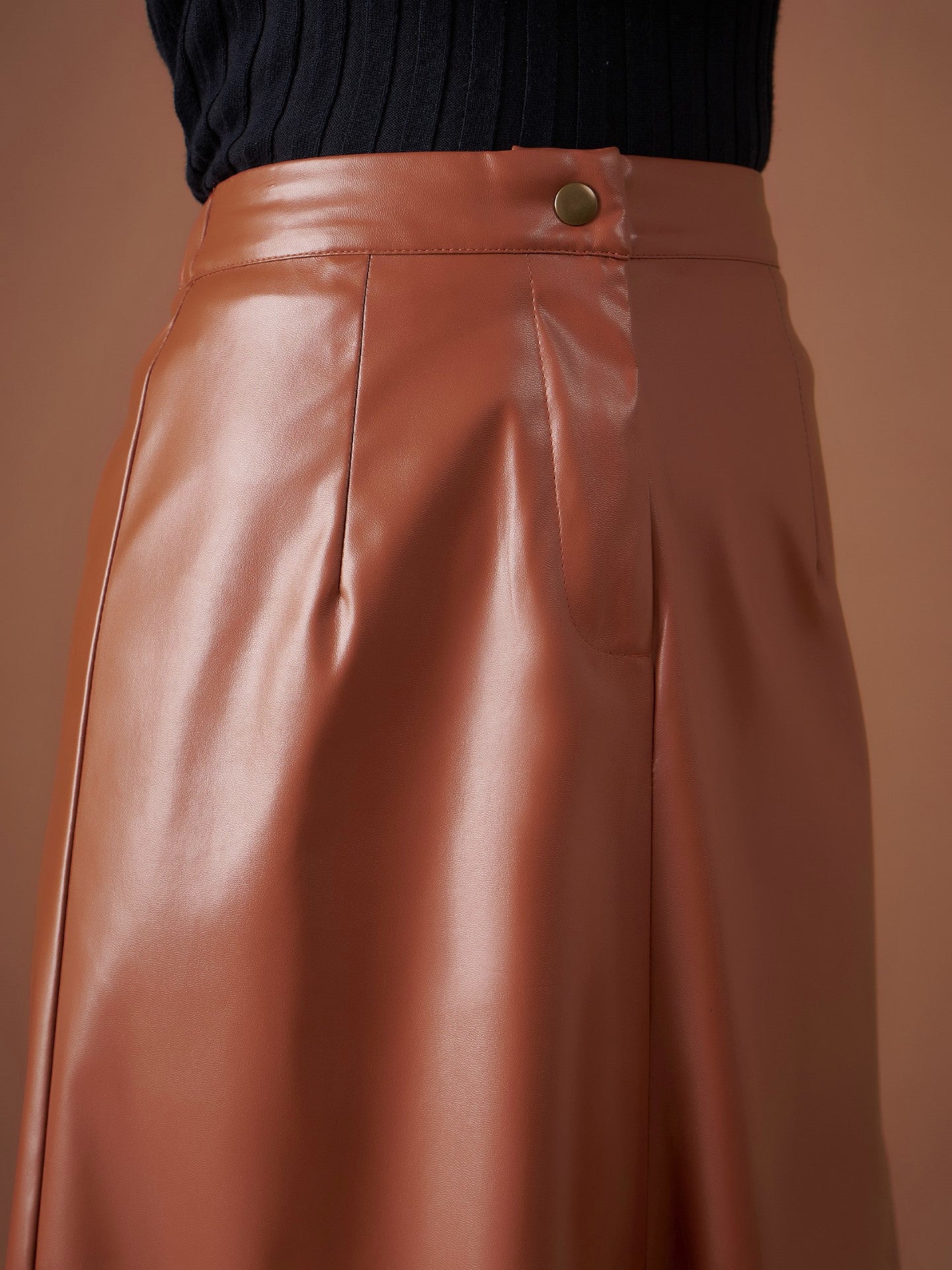Brown PU A-Line Below Knee Skirt