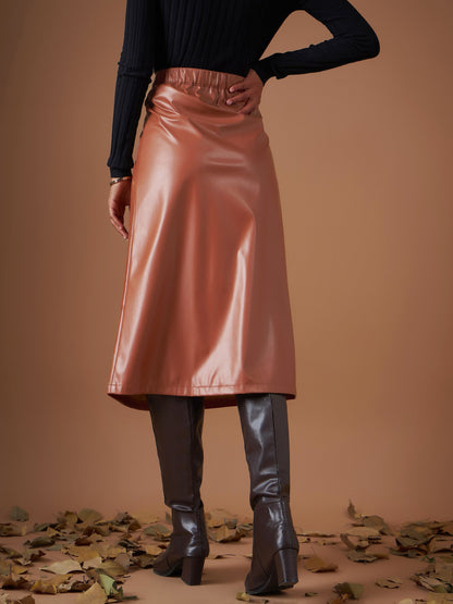Brown PU A-Line Below Knee Skirt