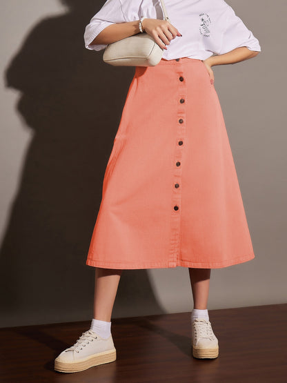 Orange Washed Denim A-Line Skirt