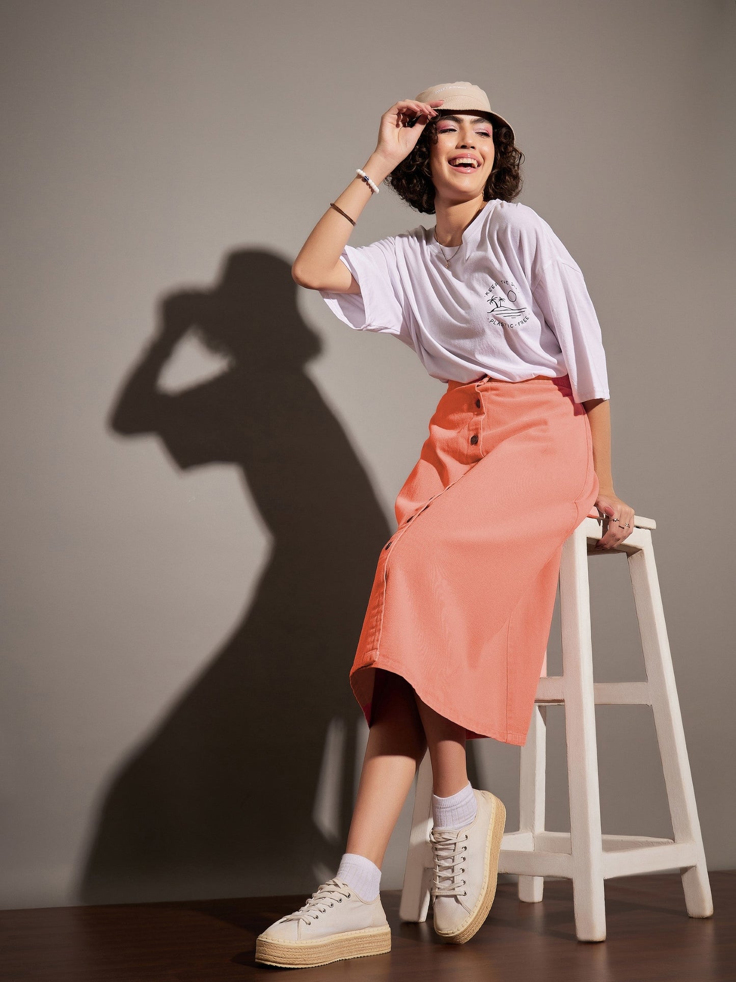Orange Washed Denim A-Line Skirt