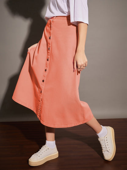 Orange Washed Denim A-Line Skirt