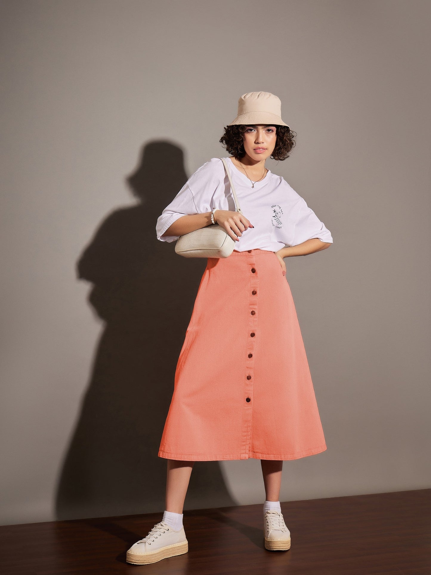 Orange Washed Denim A-Line Skirt