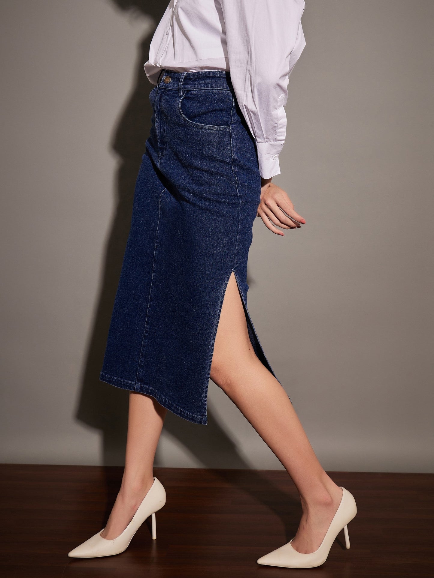Women Navy Denim Side Slit Midi Skirt