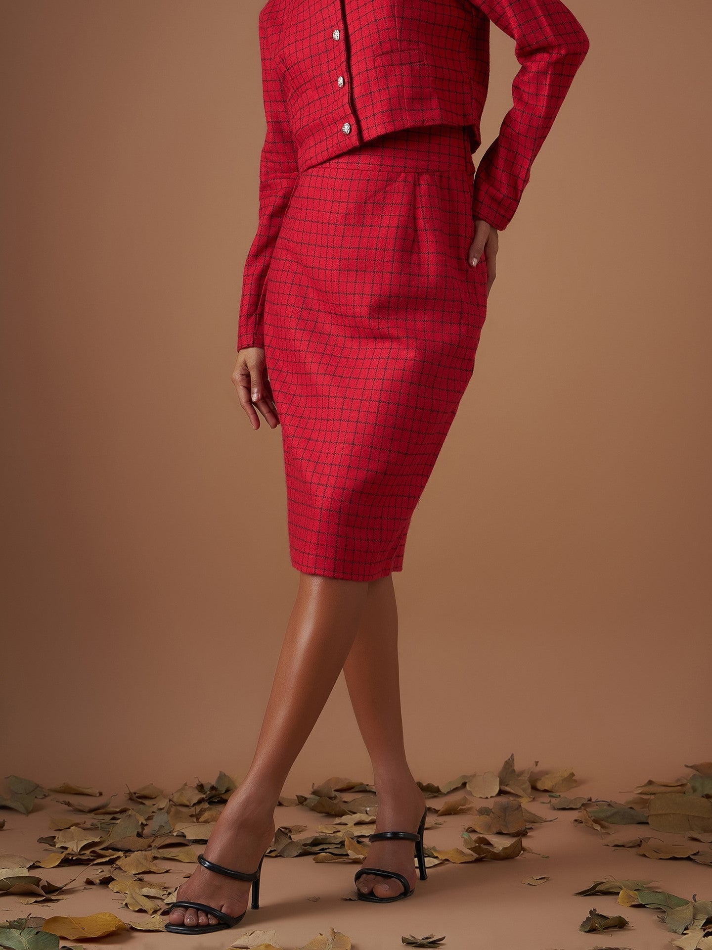 Red Check Jacquard Tweed Pencil Skirt