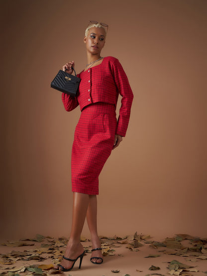 Red Check Jacquard Tweed Pencil Skirt
