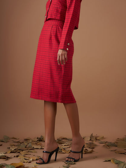 Red Check Jacquard Tweed Pencil Skirt