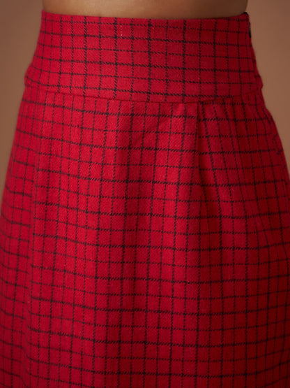Red Check Jacquard Tweed Pencil Skirt