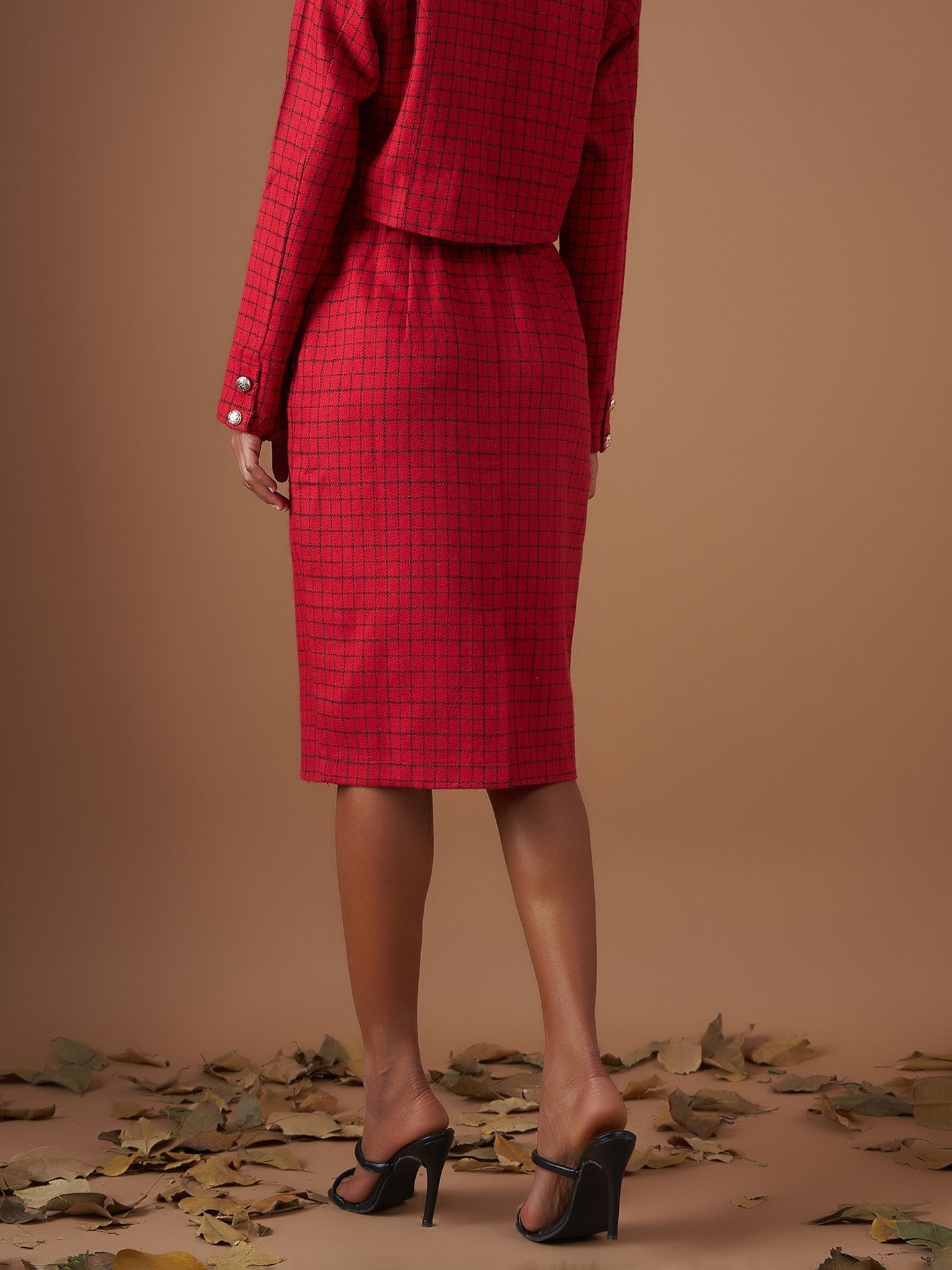 Red Check Jacquard Tweed Pencil Skirt