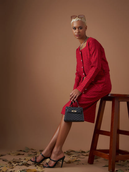 Red Check Jacquard Tweed Pencil Skirt