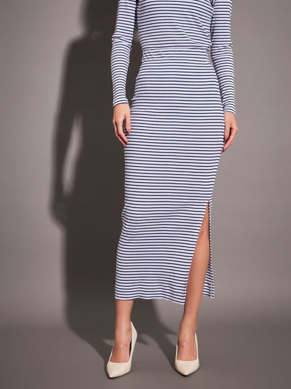 Navy & White Striped Rib Pencil Skirt