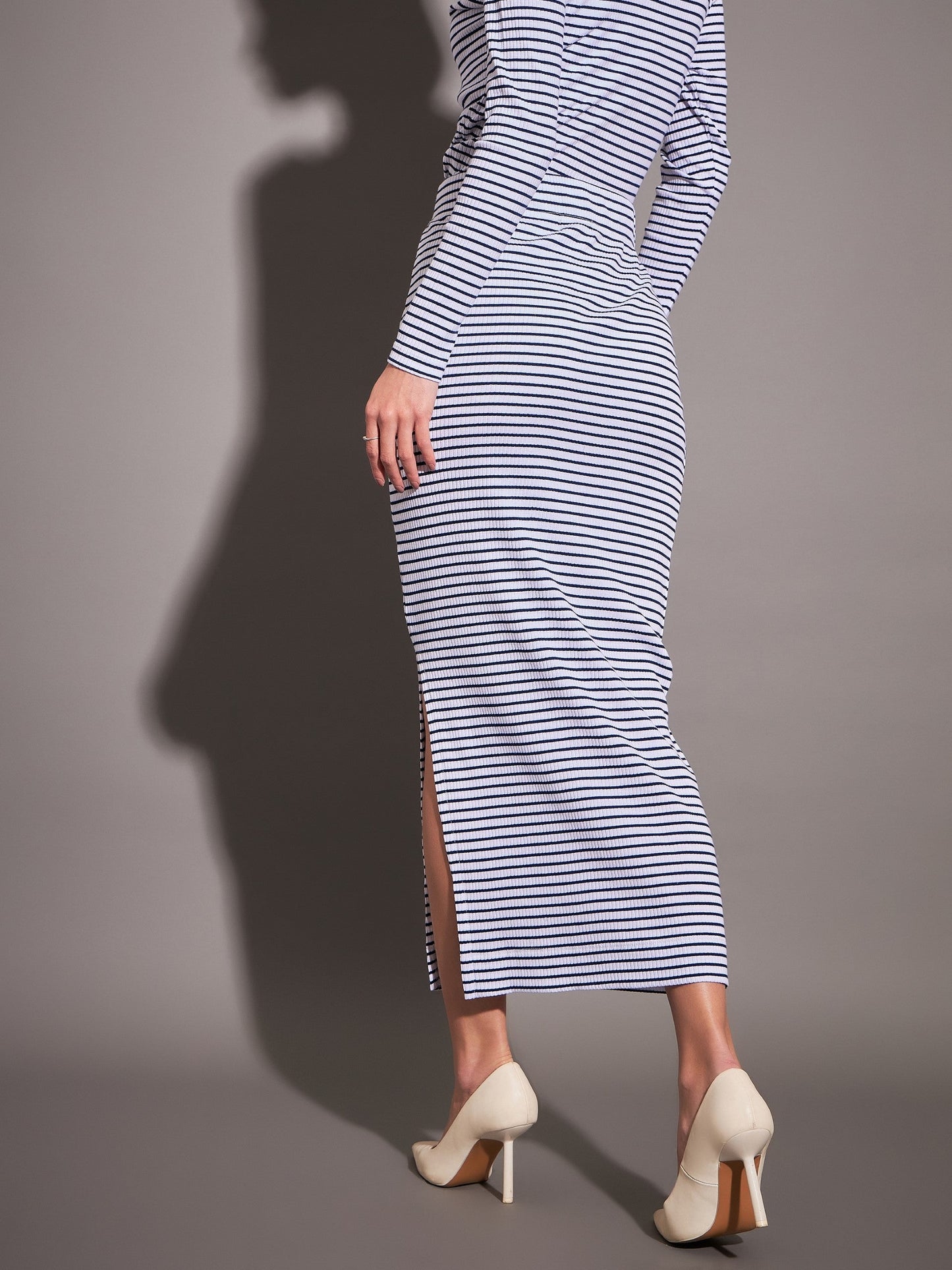 Navy & White Striped Rib Pencil Skirt