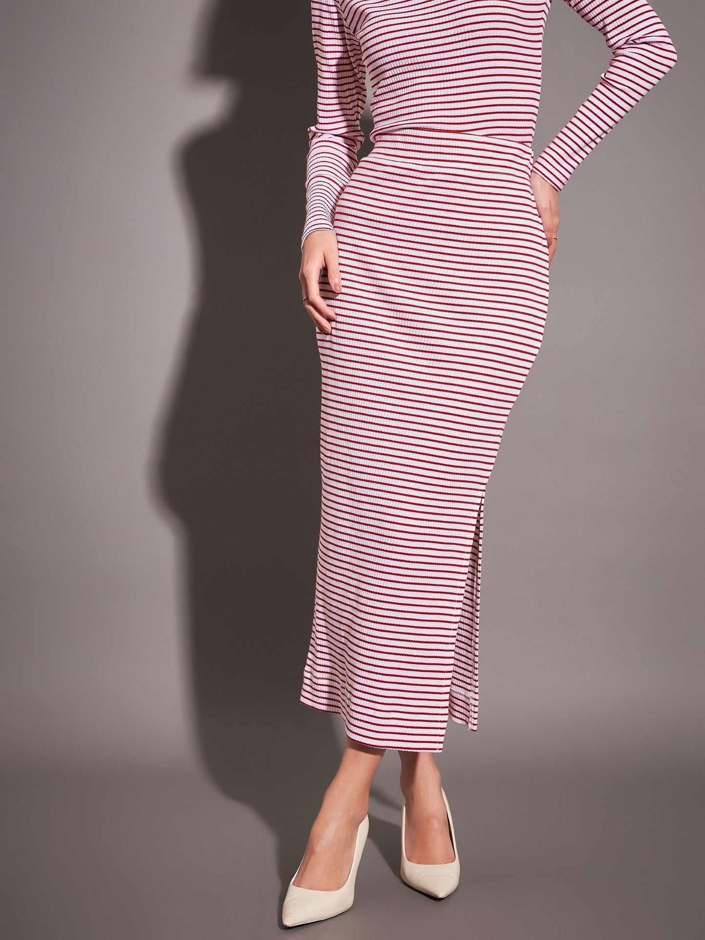 Red & White Striped Rib Pencil Skirt