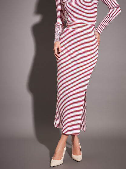 Red & White Striped Rib Pencil Skirt