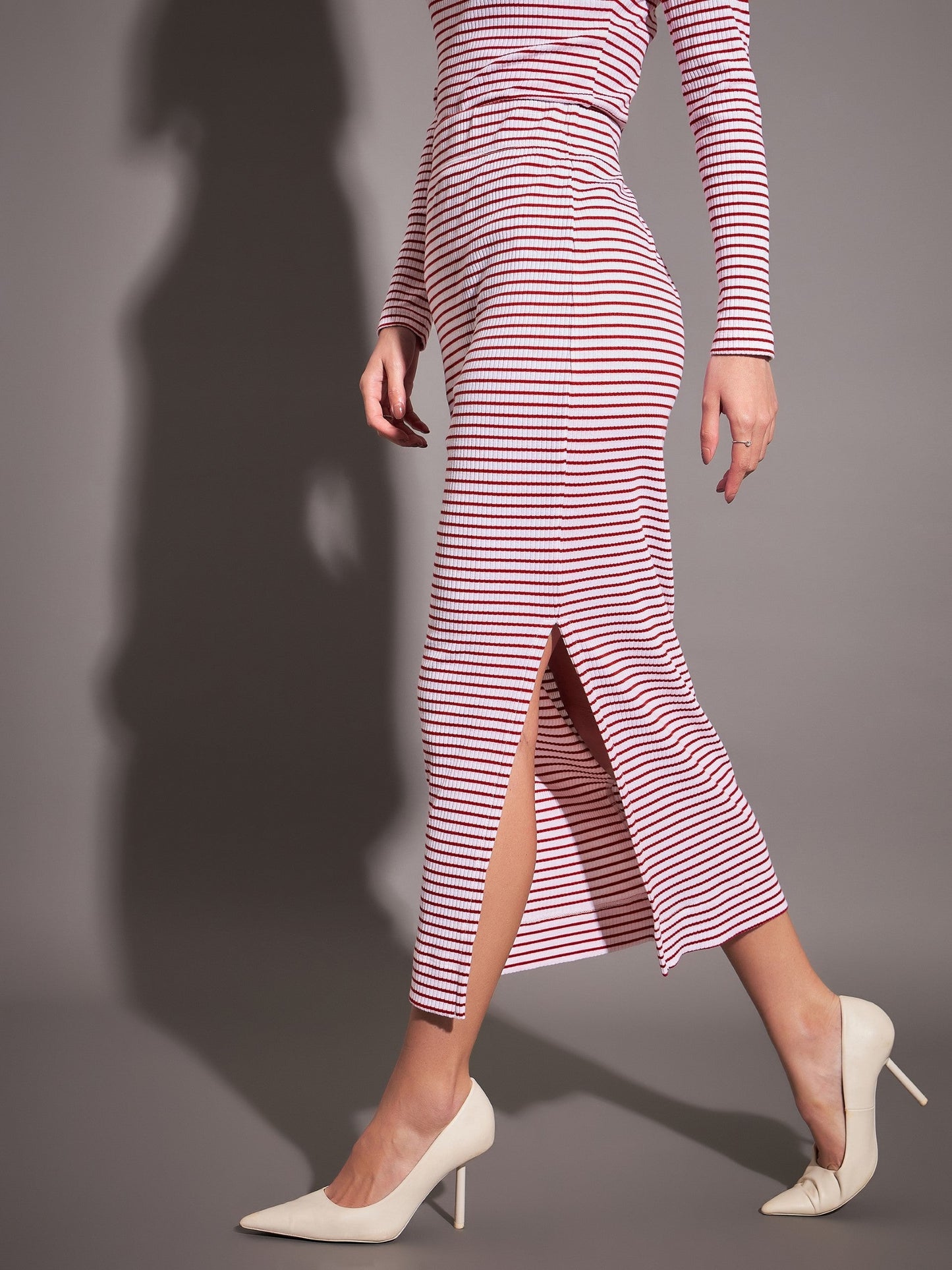 Red & White Striped Rib Pencil Skirt