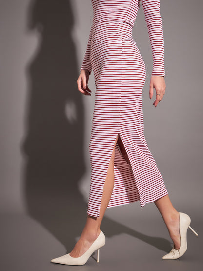 Red & White Striped Rib Pencil Skirt