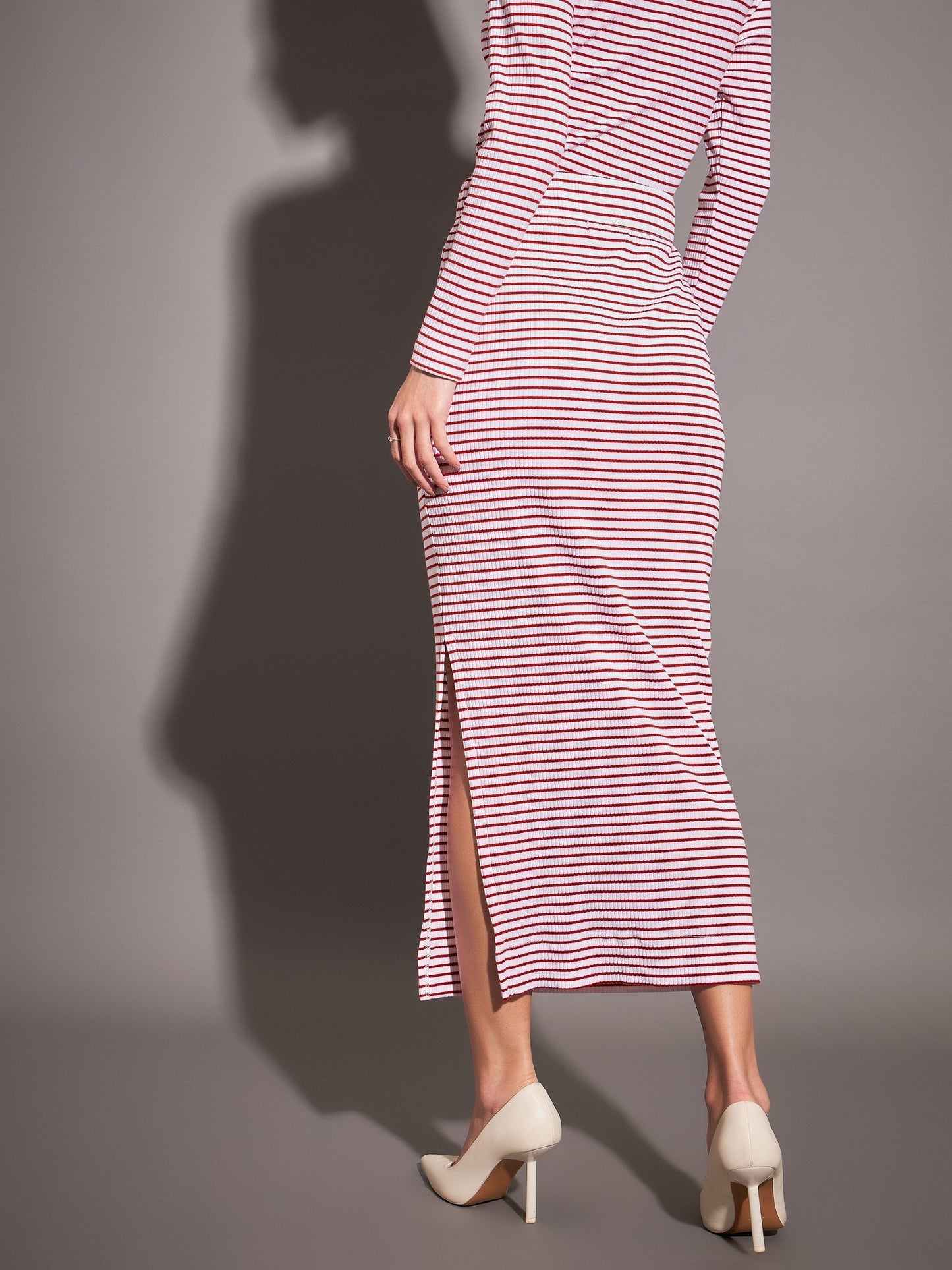 Red & White Striped Rib Pencil Skirt