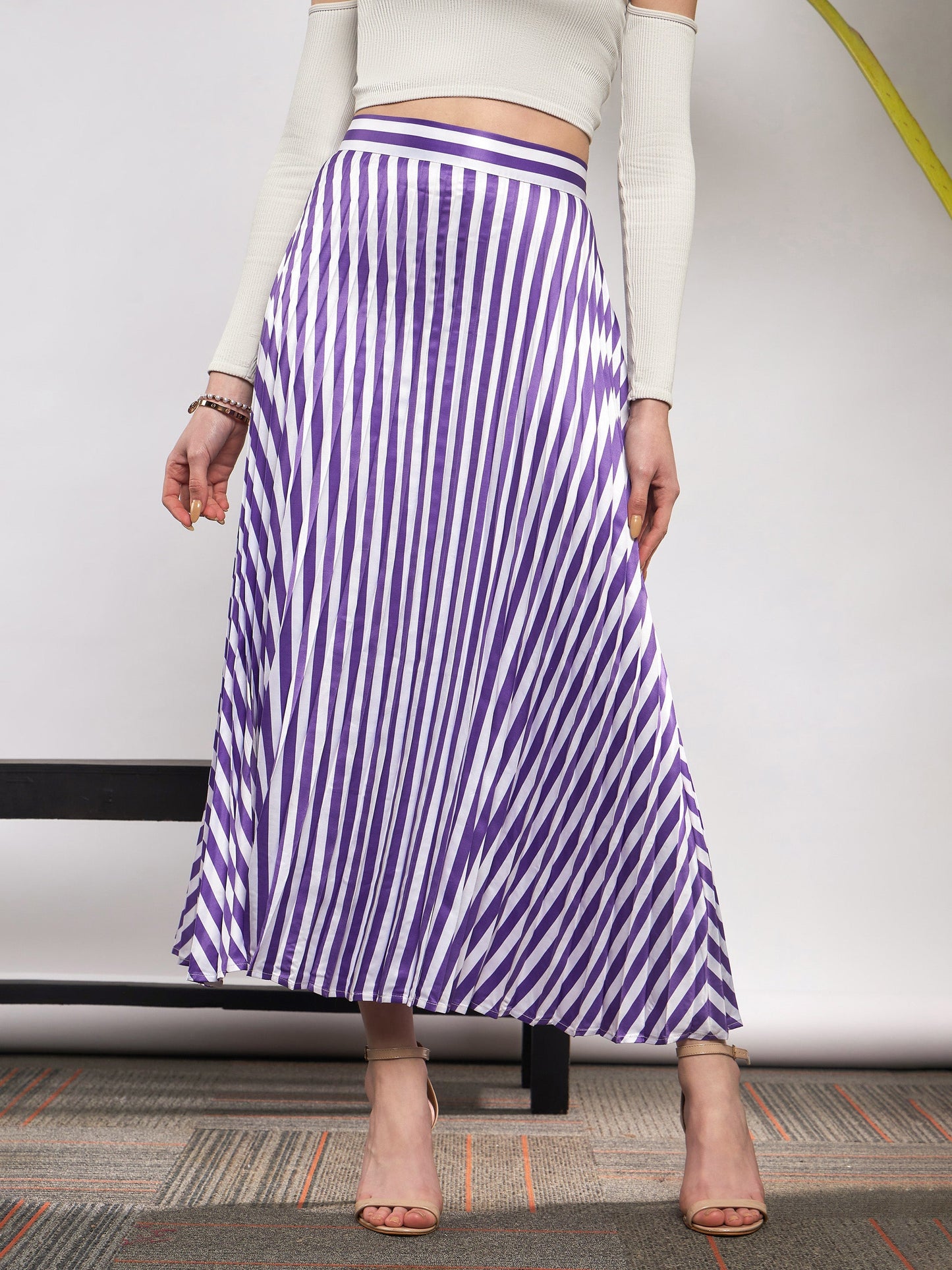 Purple & White Satin Striped Accordion Pleated Maxi Skirt