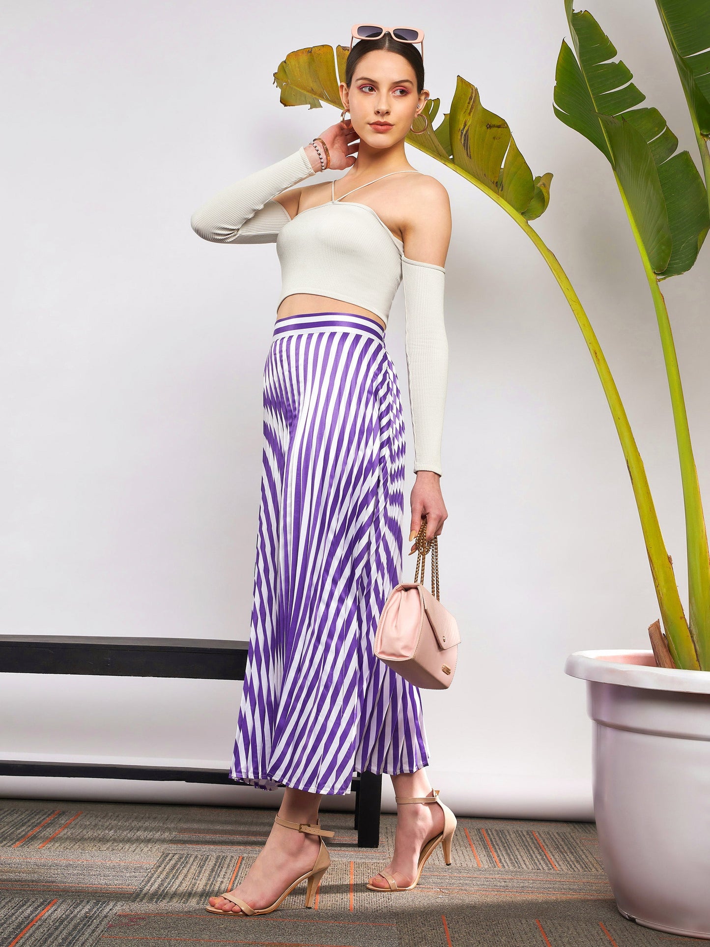 Purple & White Satin Striped Accordion Pleated Maxi Skirt
