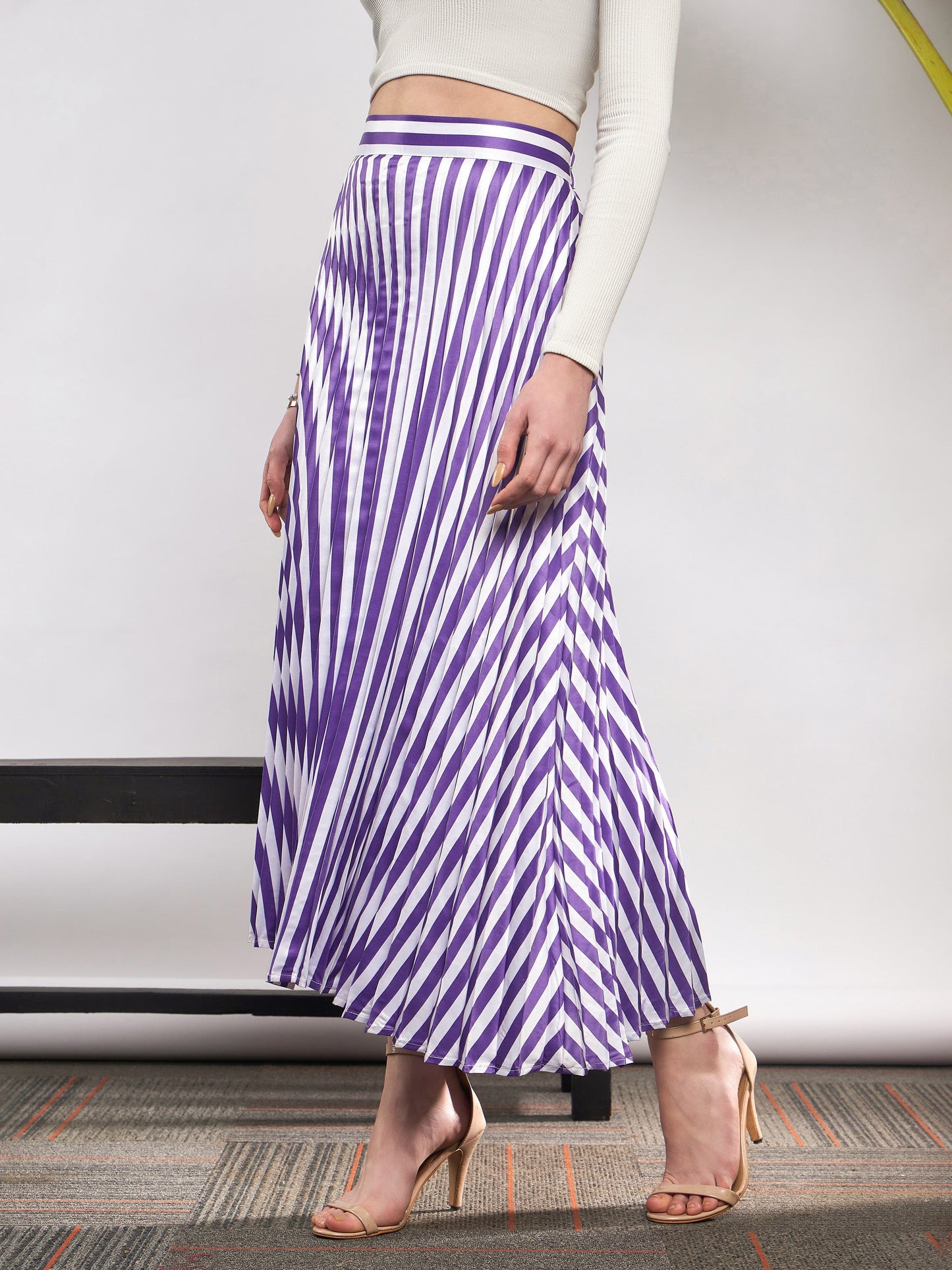 Purple & White Satin Striped Accordion Pleated Maxi Skirt