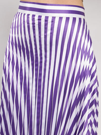 Purple & White Satin Striped Accordion Pleated Maxi Skirt