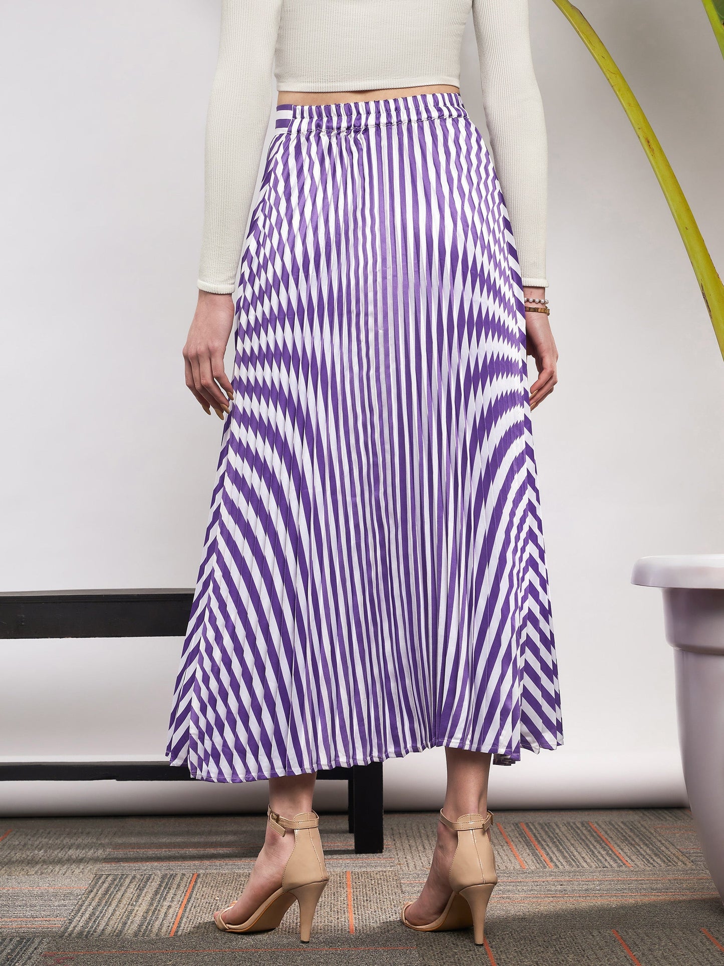 Purple & White Satin Striped Accordion Pleated Maxi Skirt
