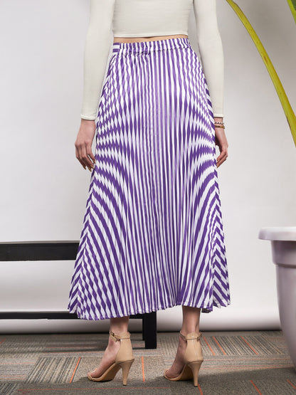 Purple & White Satin Striped Accordion Pleated Maxi Skirt