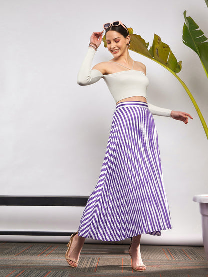 Purple & White Satin Striped Accordion Pleated Maxi Skirt