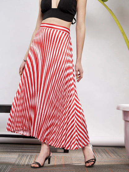 Red & White Satin Striped Accordion Pleated Maxi Skirt