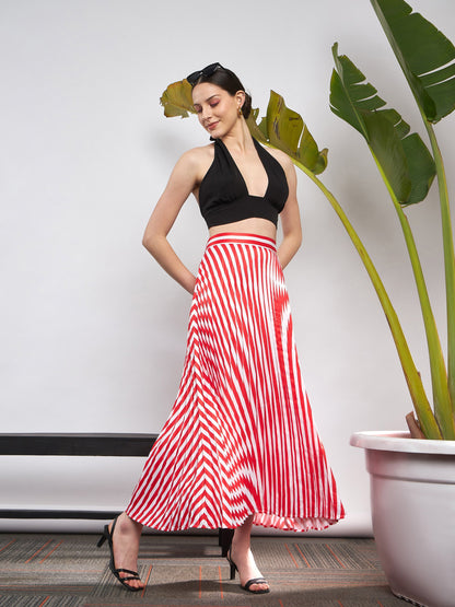 Red & White Satin Striped Accordion Pleated Maxi Skirt