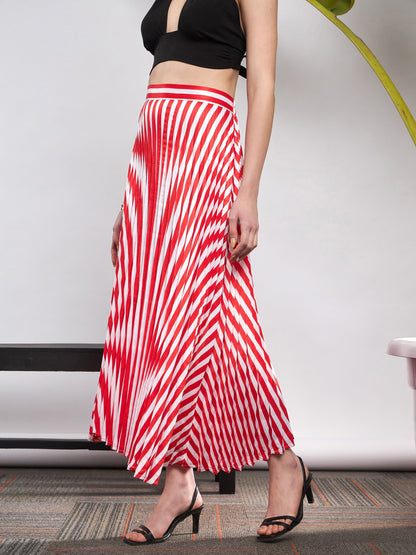 Red & White Satin Striped Accordion Pleated Maxi Skirt