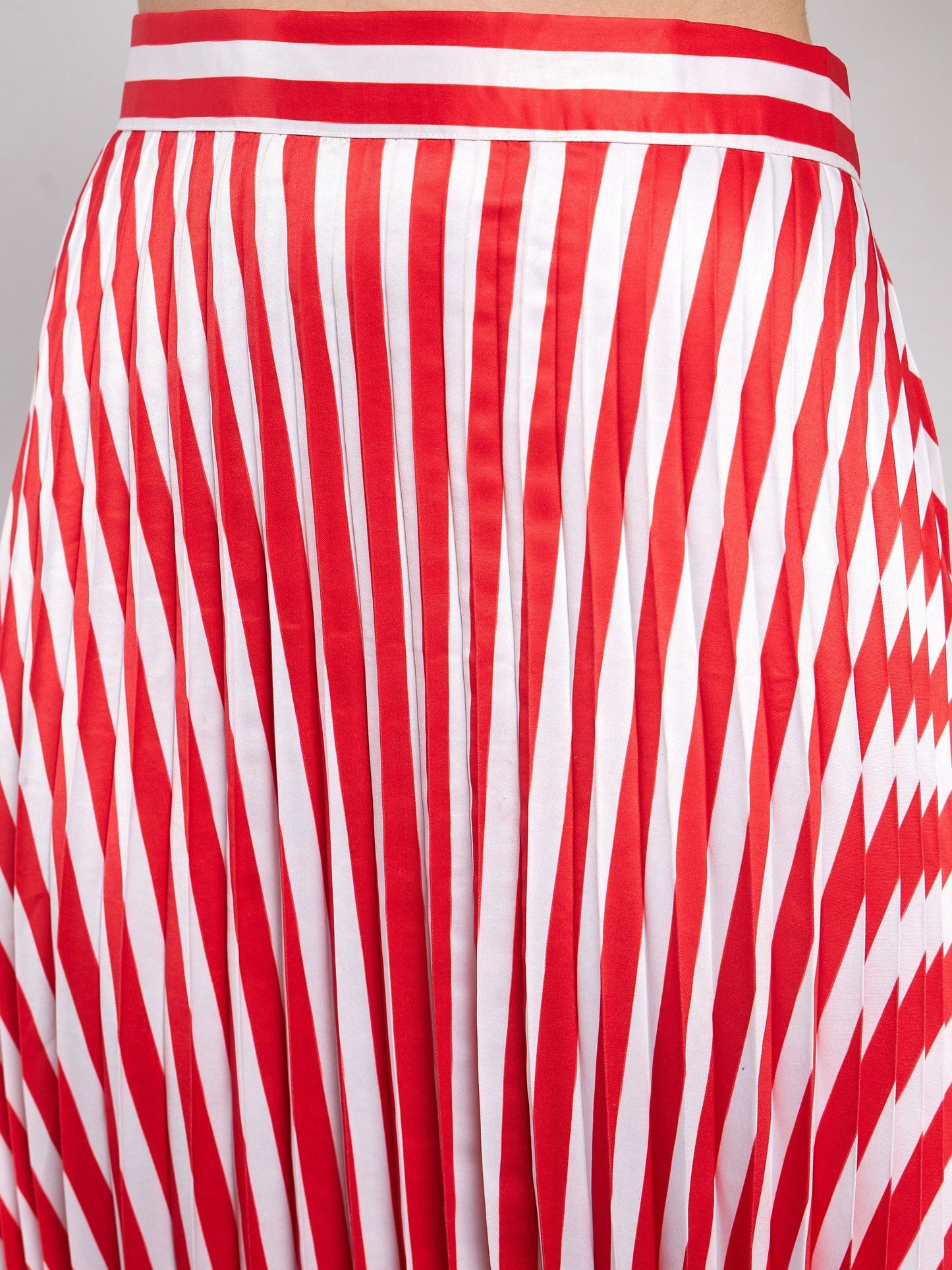 Red & White Satin Striped Accordion Pleated Maxi Skirt