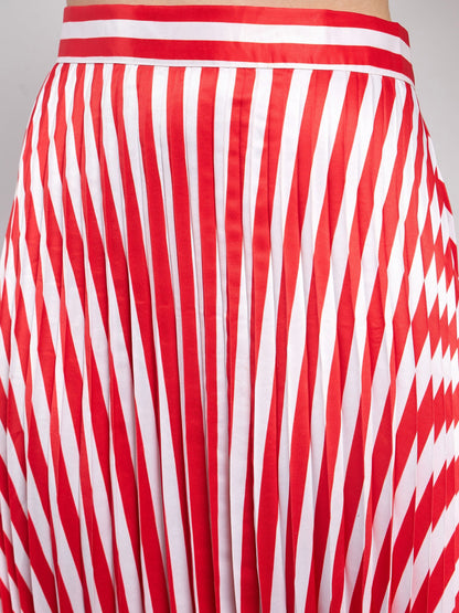 Red & White Satin Striped Accordion Pleated Maxi Skirt