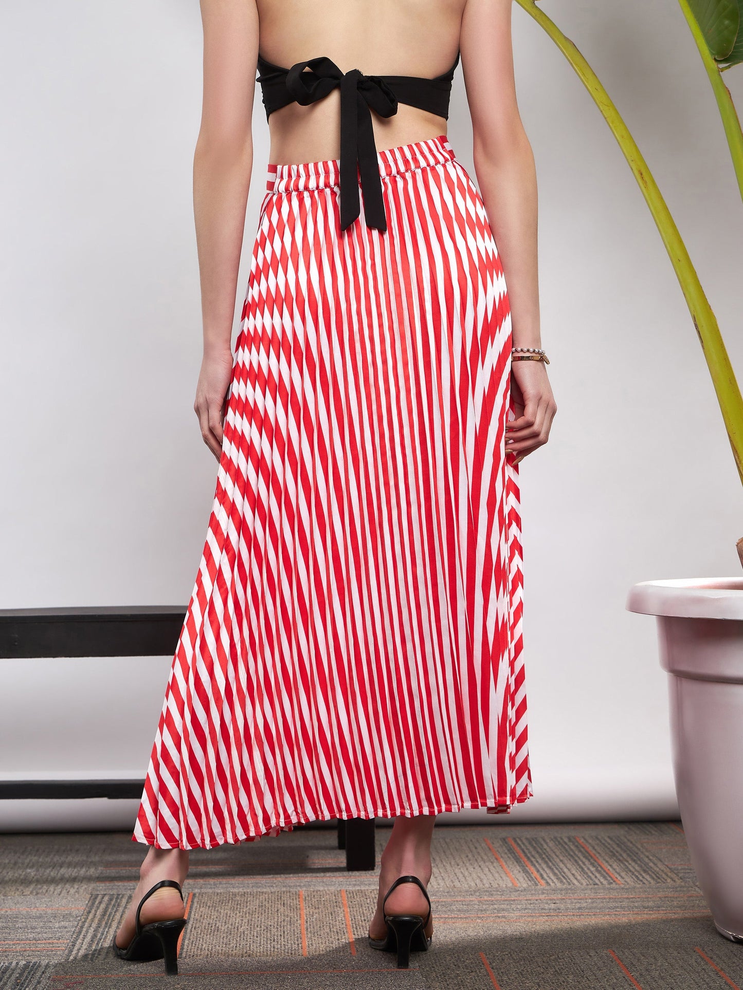 Red & White Satin Striped Accordion Pleated Maxi Skirt