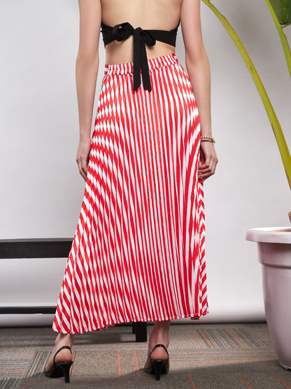 Red & White Satin Striped Accordion Pleated Maxi Skirt
