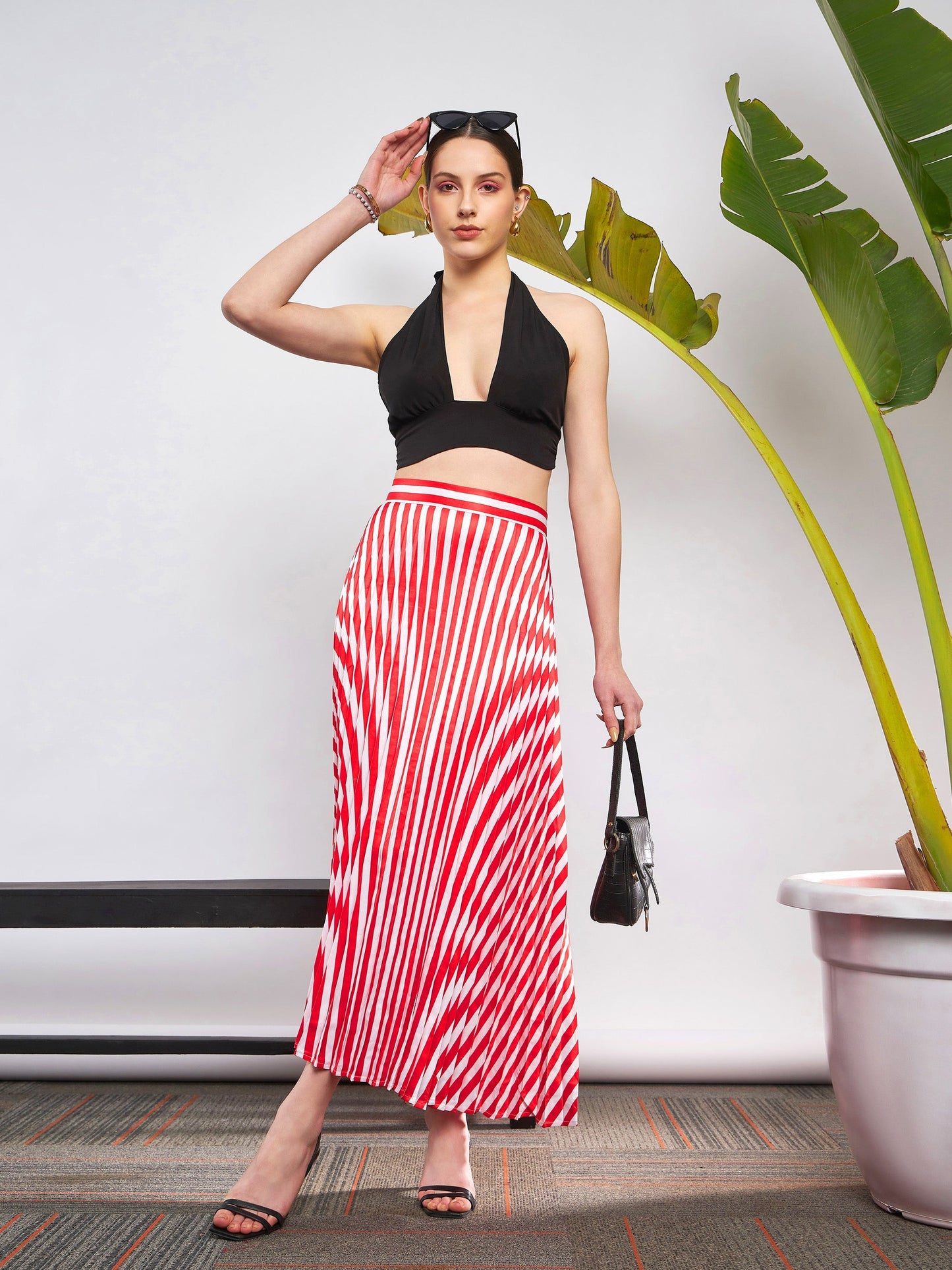 Red & White Satin Striped Accordion Pleated Maxi Skirt