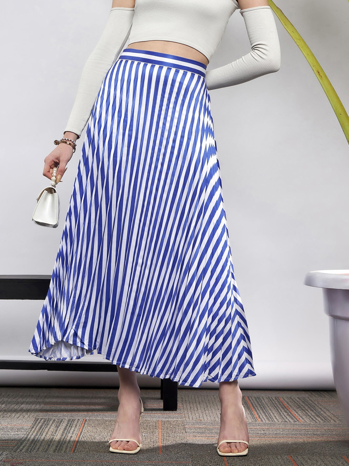Blue & White Satin Striped Accordion Pleated Maxi Skirt