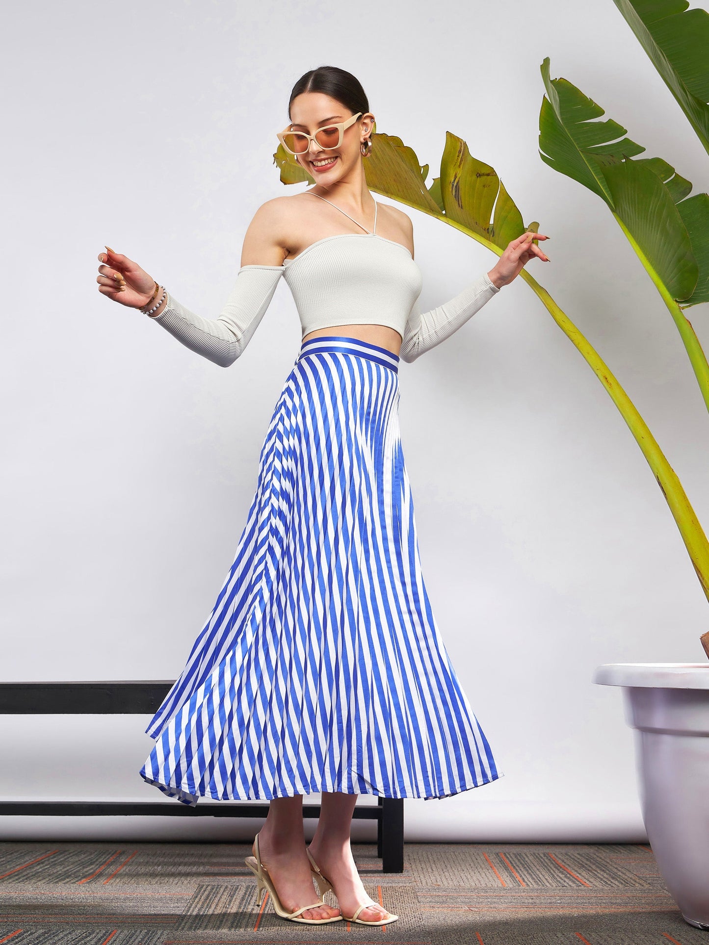 Blue & White Satin Striped Accordion Pleated Maxi Skirt