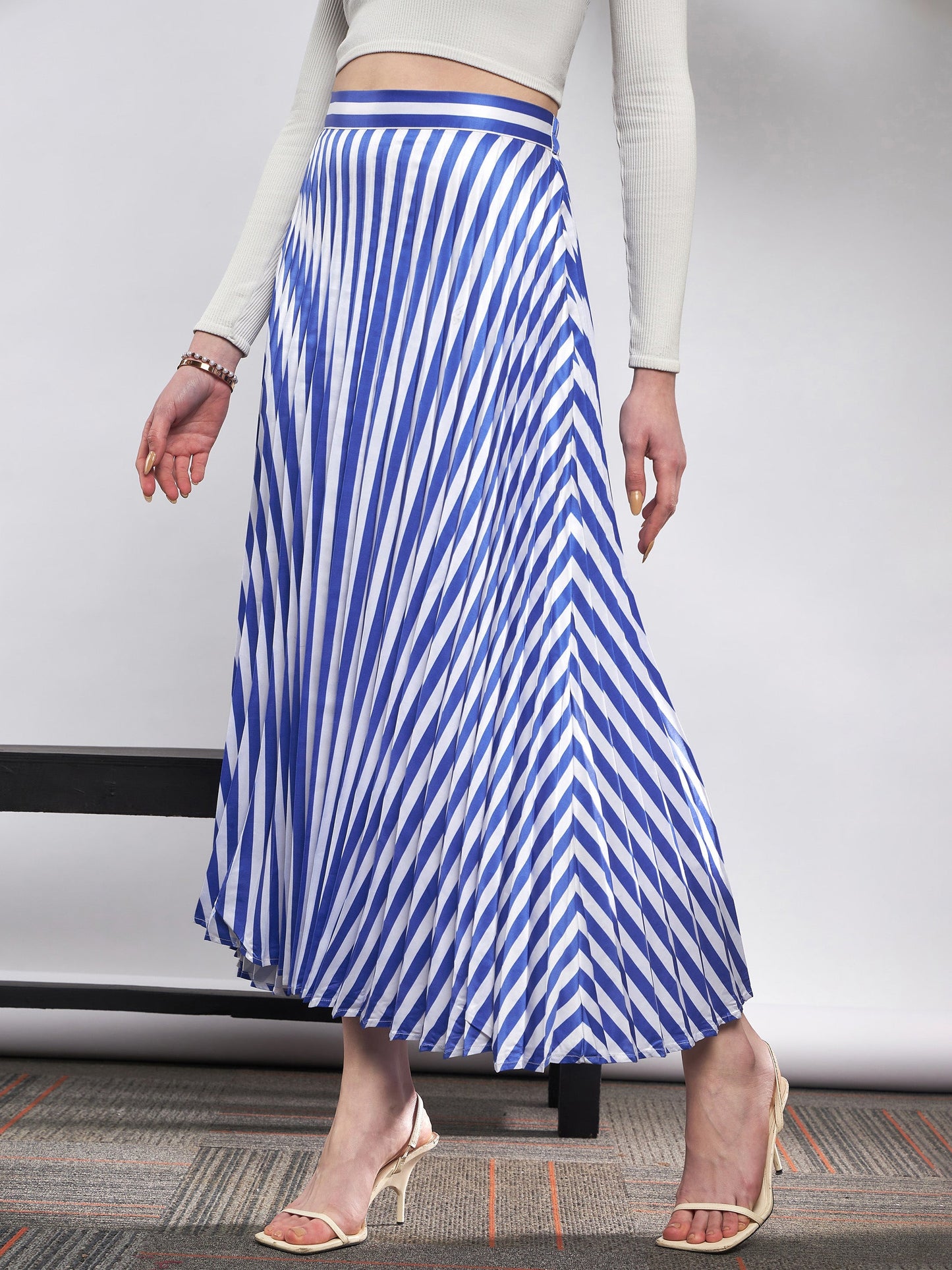 Blue & White Satin Striped Accordion Pleated Maxi Skirt