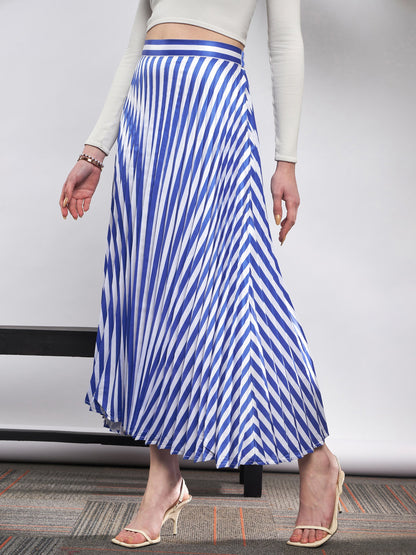 Blue & White Satin Striped Accordion Pleated Maxi Skirt